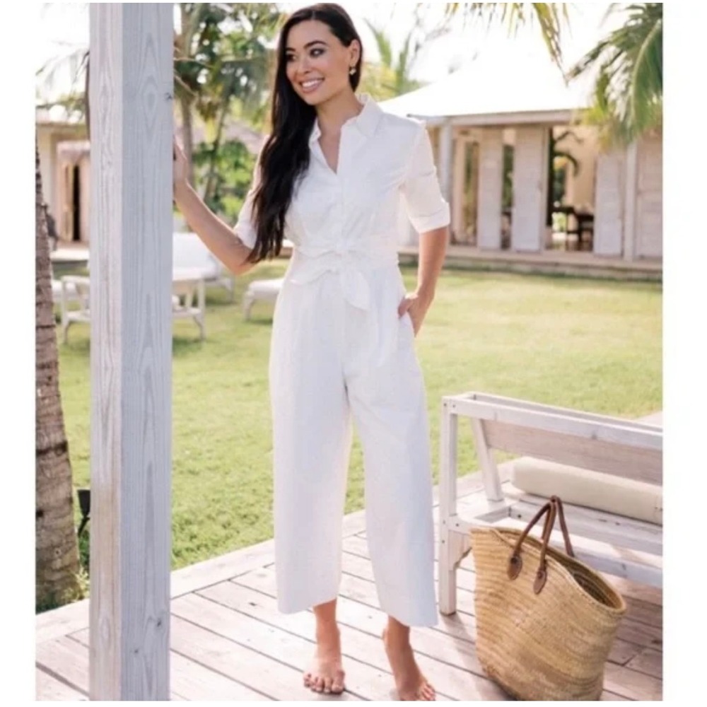 Womens White Button-Front Tie-Waist Jumpsuit